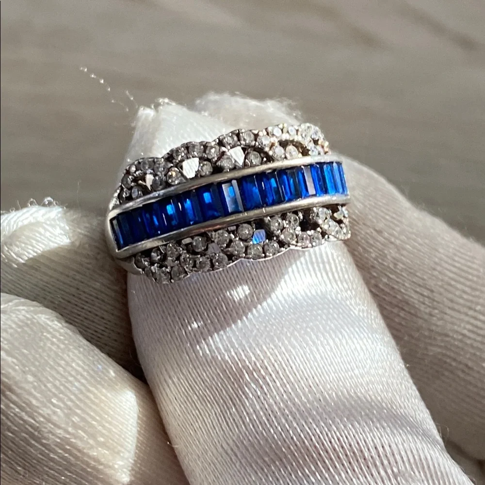 18K White Gold Plated Lab Blue Sapphire & 1/4 TCW Diamond Filigree Ring Sz 7